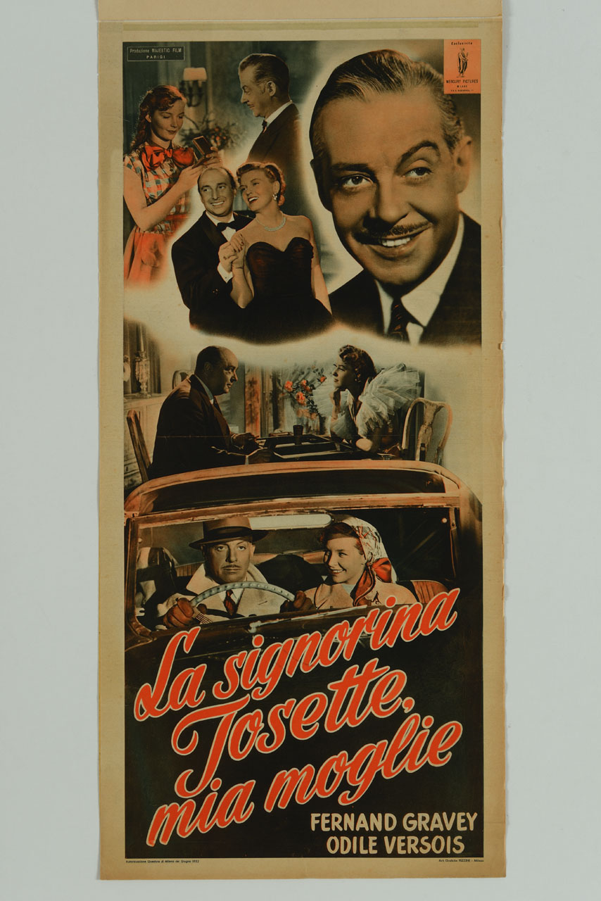 uomo e donna in automobile sullo sfondo di vari fotogrammi del film (manifesto) - ambito italiano (sec. XX)