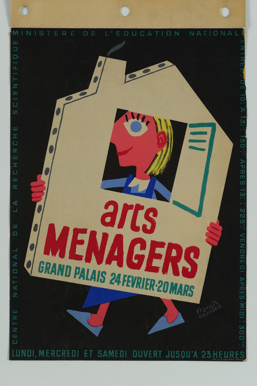 donna in cammino sorregge la sagoma di una casa (manifesto) di Bernard Francis (sec. XX)