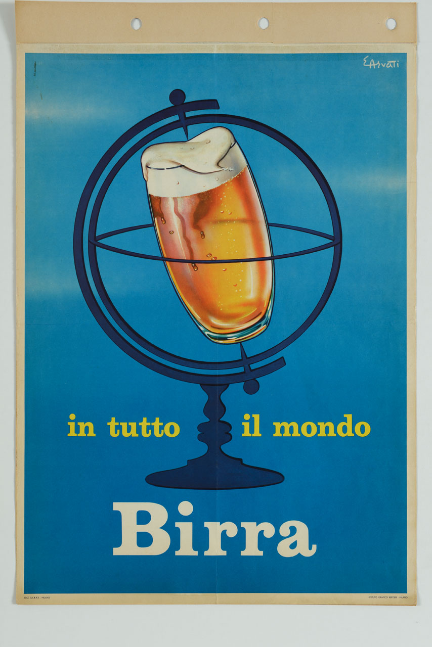boccale di birra all'interno della struttura di un mappamondo (manifesto) di Arvati Enrico (sec. XX)