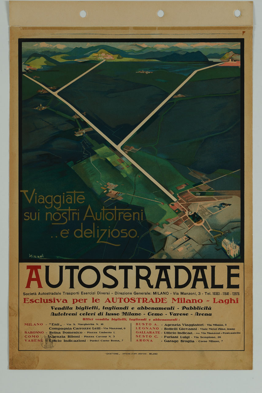 veduta aerea della rete autostradale Milano Laghi (manifesto) di Nizzoli Marcello (sec. XX)