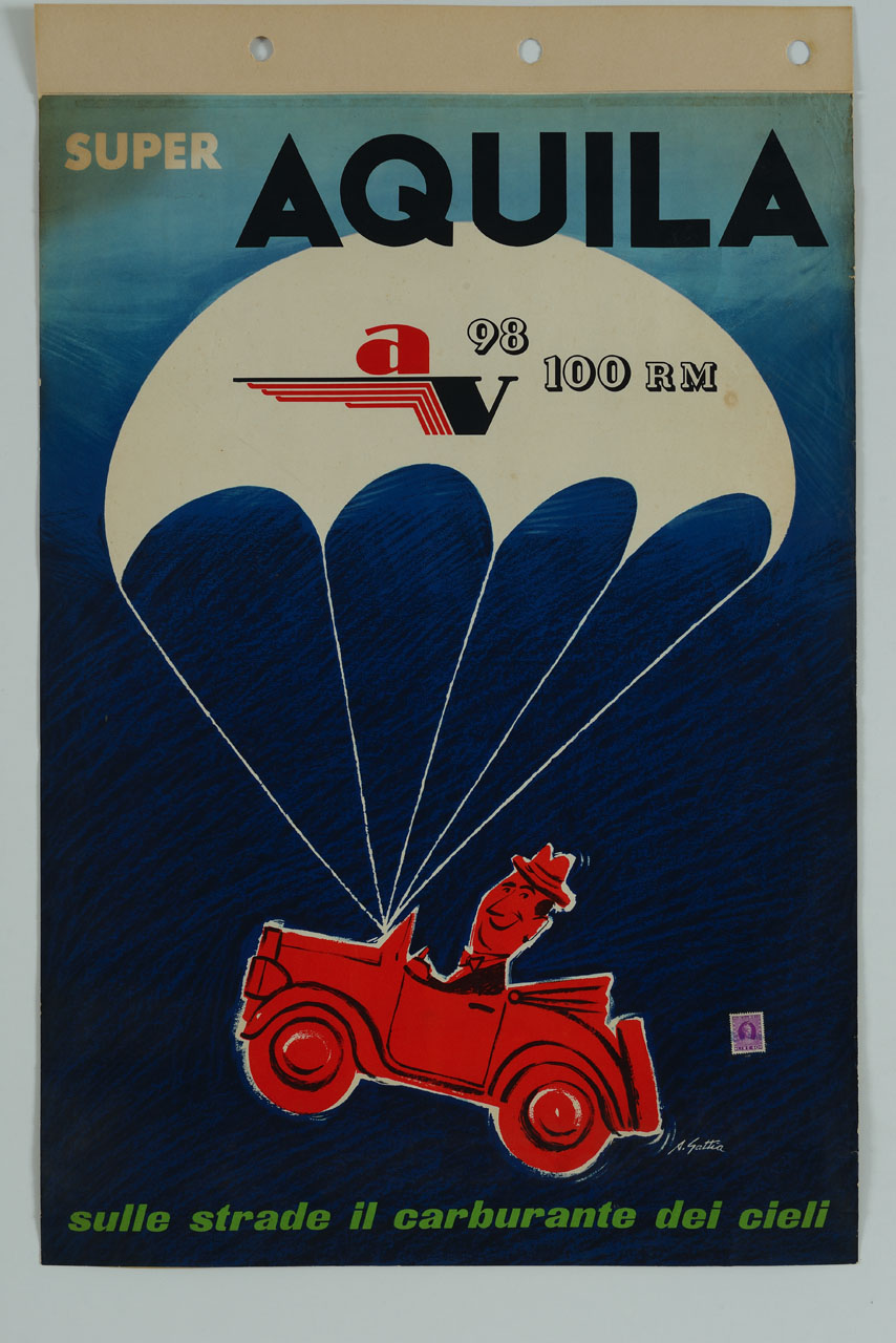 conducente su automobile in volo sorretta da un paracadute (manifesto) di Gattia Alarico (sec. XX)