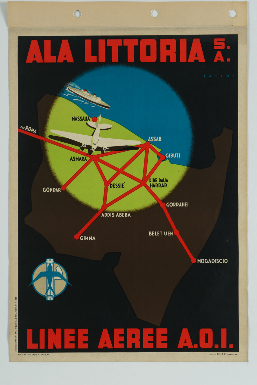 aereo e rotta di volo (manifesto) di Latini Giuseppe (sec. XX)