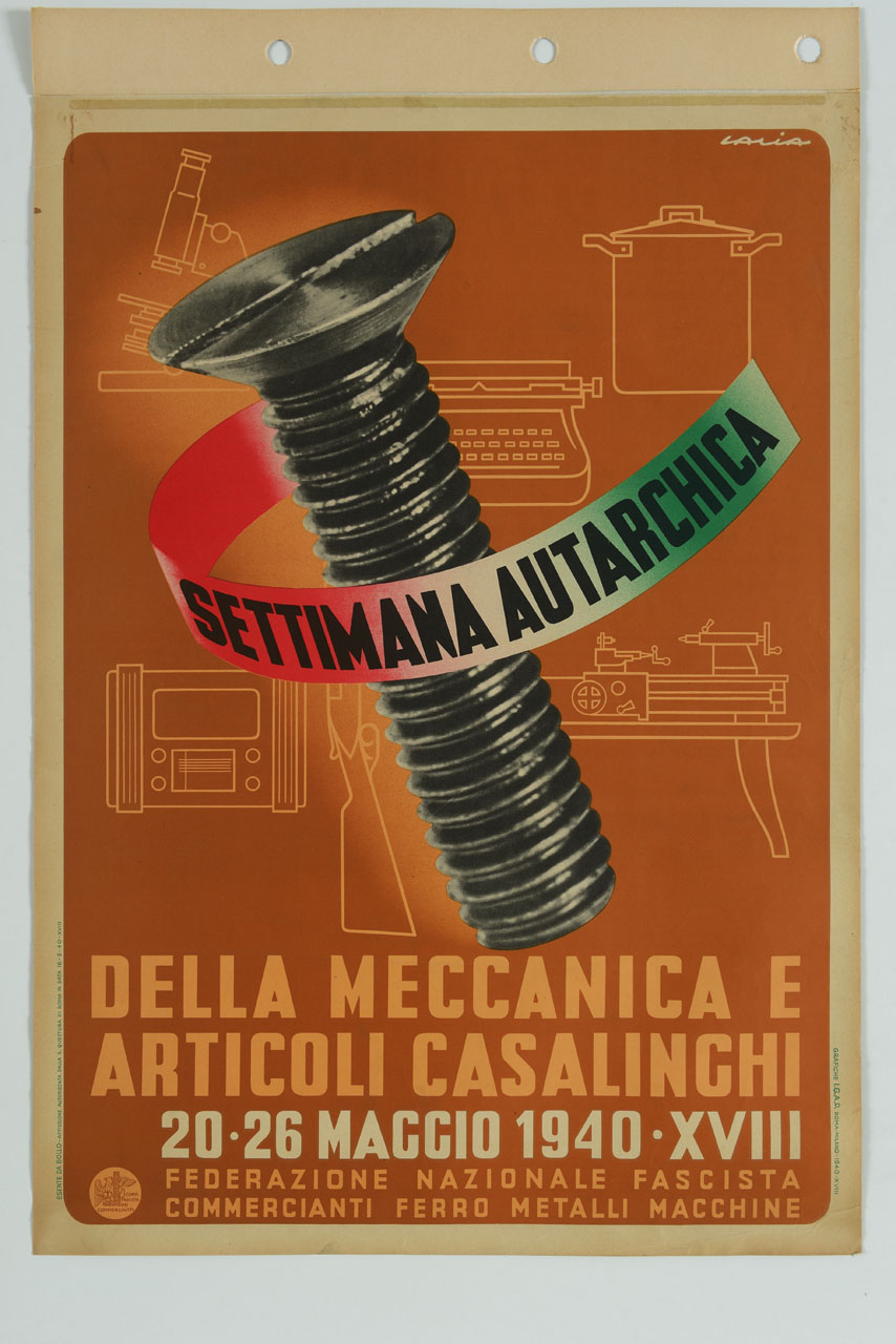 vite sullo sfondo di oggetti e utensili vari (manifesto) di Lalia Alfredo (sec. XX)