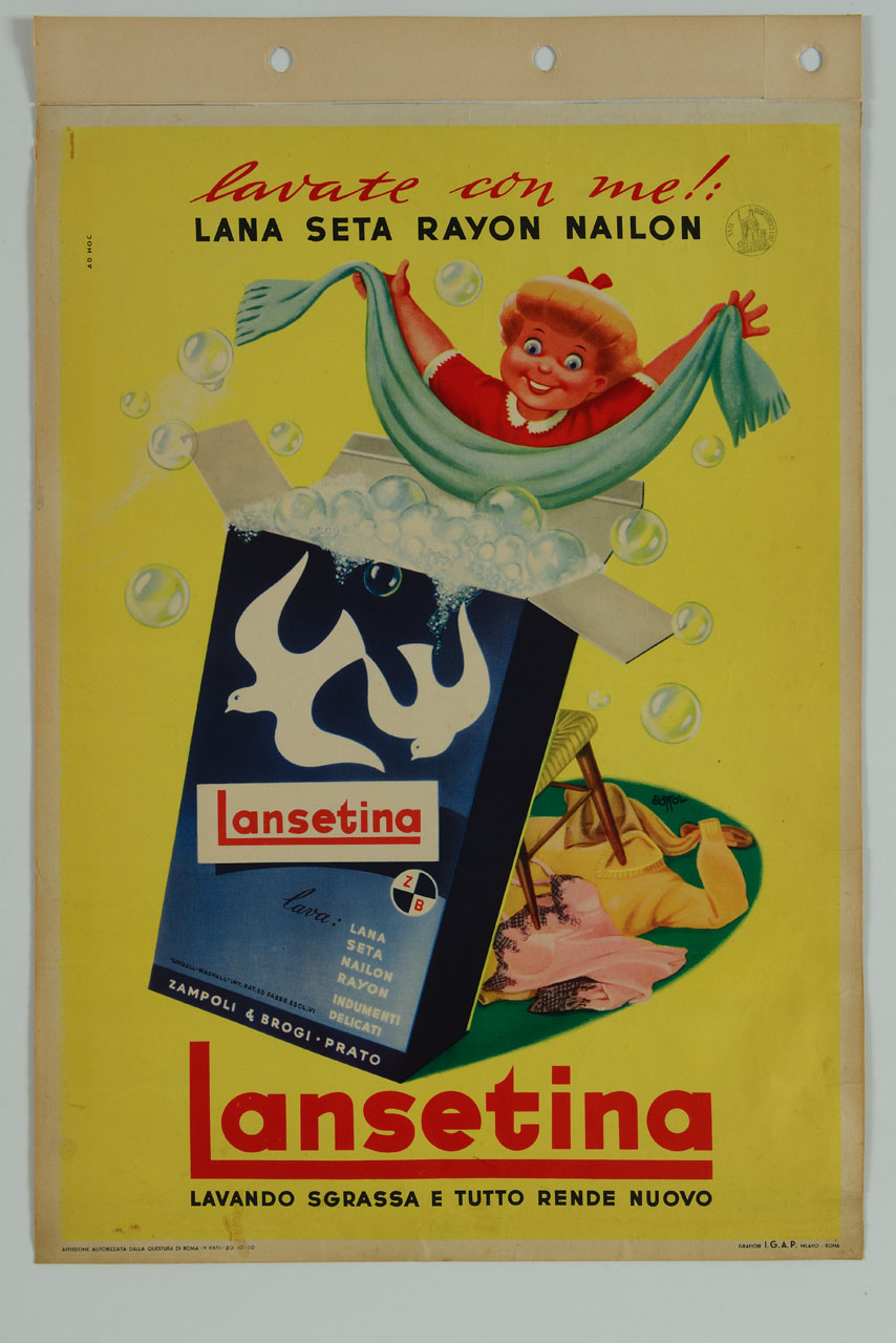 figura femminile lava una sciarpa in una grande scatola di detersivo (manifesto) di Bottol, Ad Hoc - ambito italiano (sec. XX)