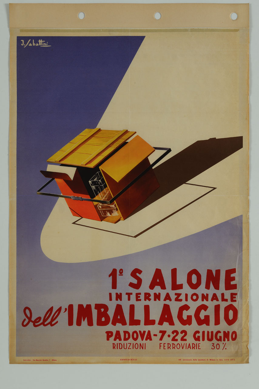 fascio di luce evidenzia un imballaggio di cartone e legno (manifesto) di Sabattini Johnson (sec. XX)