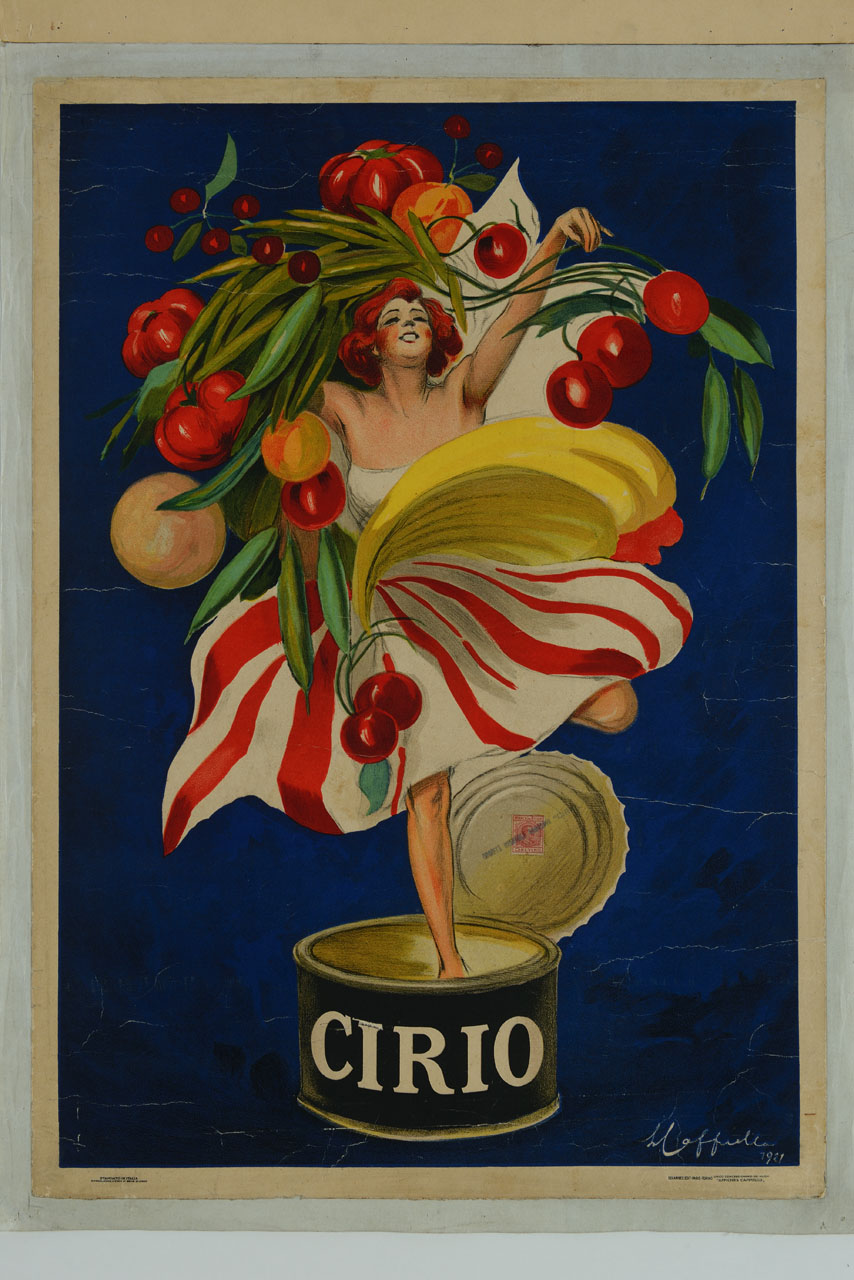 donna con abito a righe circondata da verdura e frutta esce da un barattolo di latta (manifesto) di Cappiello Leonetto (sec. XX)