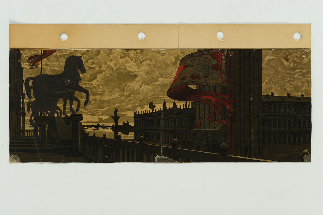 veduta dall'alto di Piazza San Marco con i cavalli sullo sfondo della laguna (manifesto) di Sezanne Augusto (sec. XX)