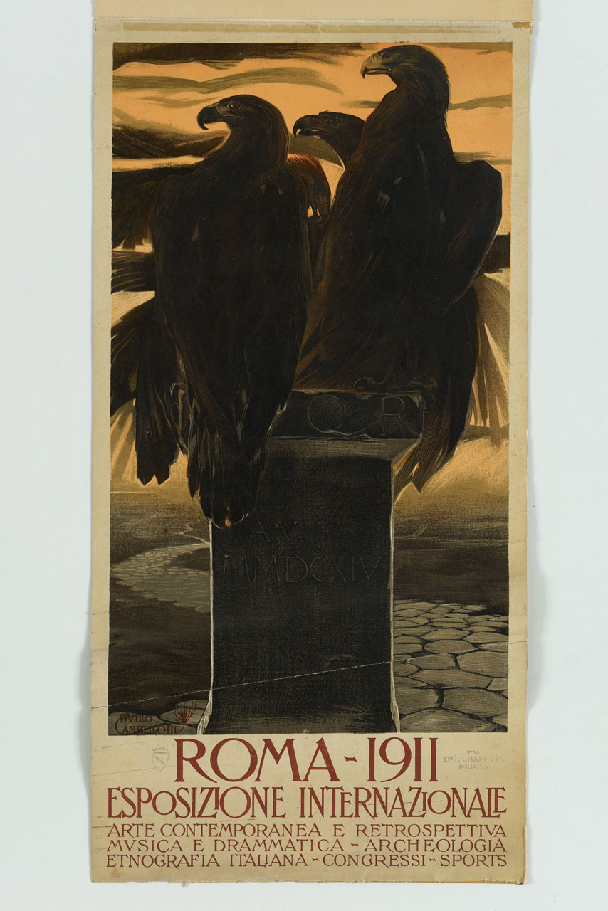 aquile su pietra miliare sullo sfondo di una strada basolata (manifesto) di Cambellotti Duilio (sec. XX)