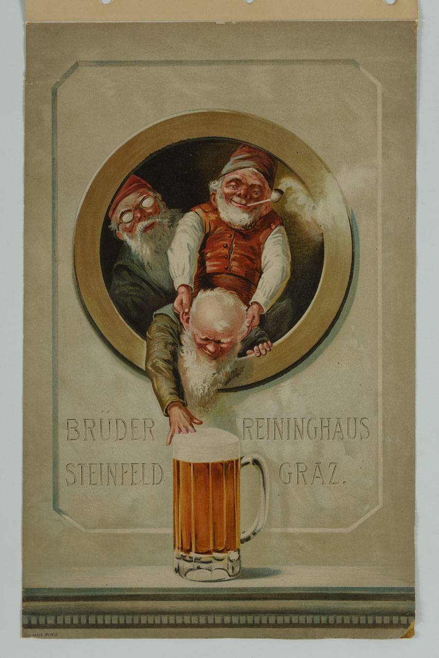 gnomi entro tondo con boccale di birra (manifesto) - ambito austriaco (sec. XX)