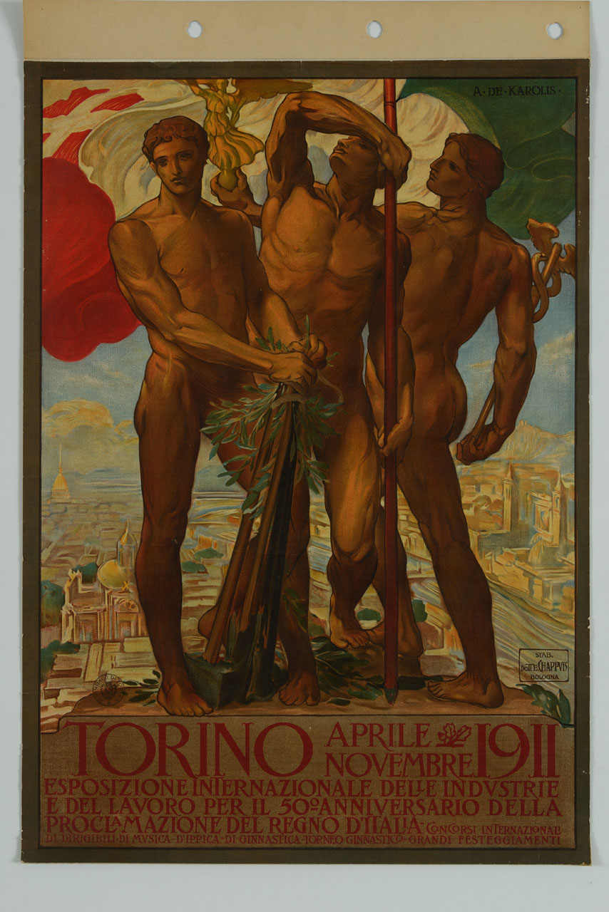 figure allegoriche maschili sullo sfondo di Torino (manifesto) di De Carolis Adolfo (sec. XX)