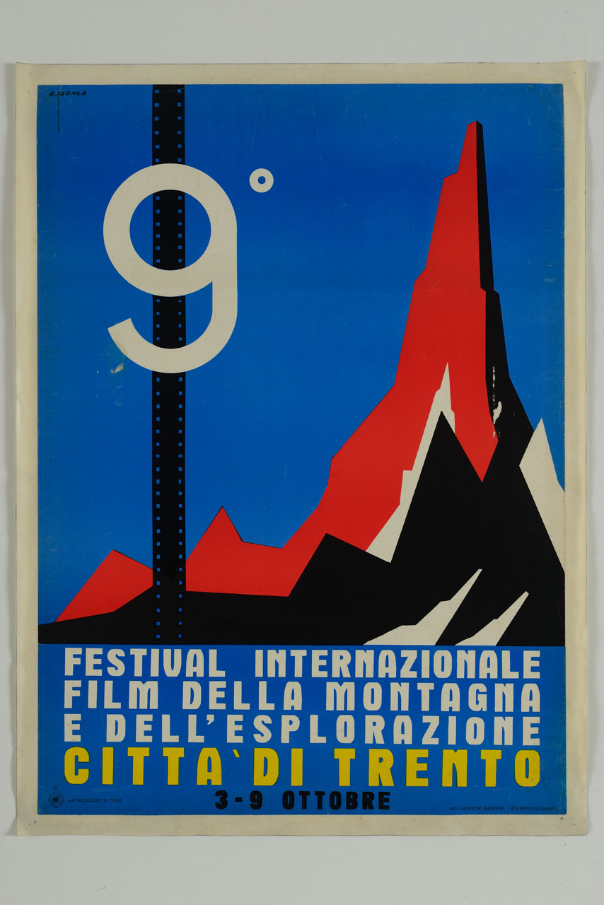 montagna affiancata perpendicolarmente da una pellicola cinematografica (manifesto) di Fronza Renato (sec. XX)