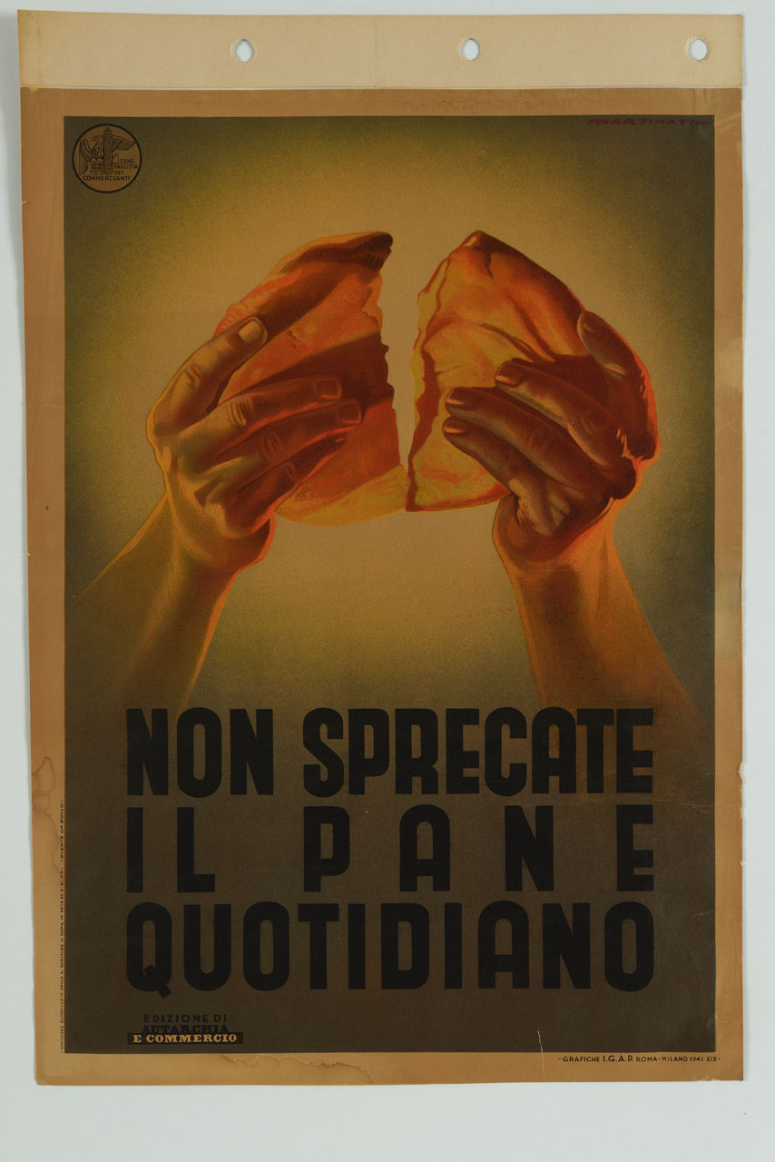 due mani spezzano del pane (manifesto) di Martinati Luigi (sec. XX)