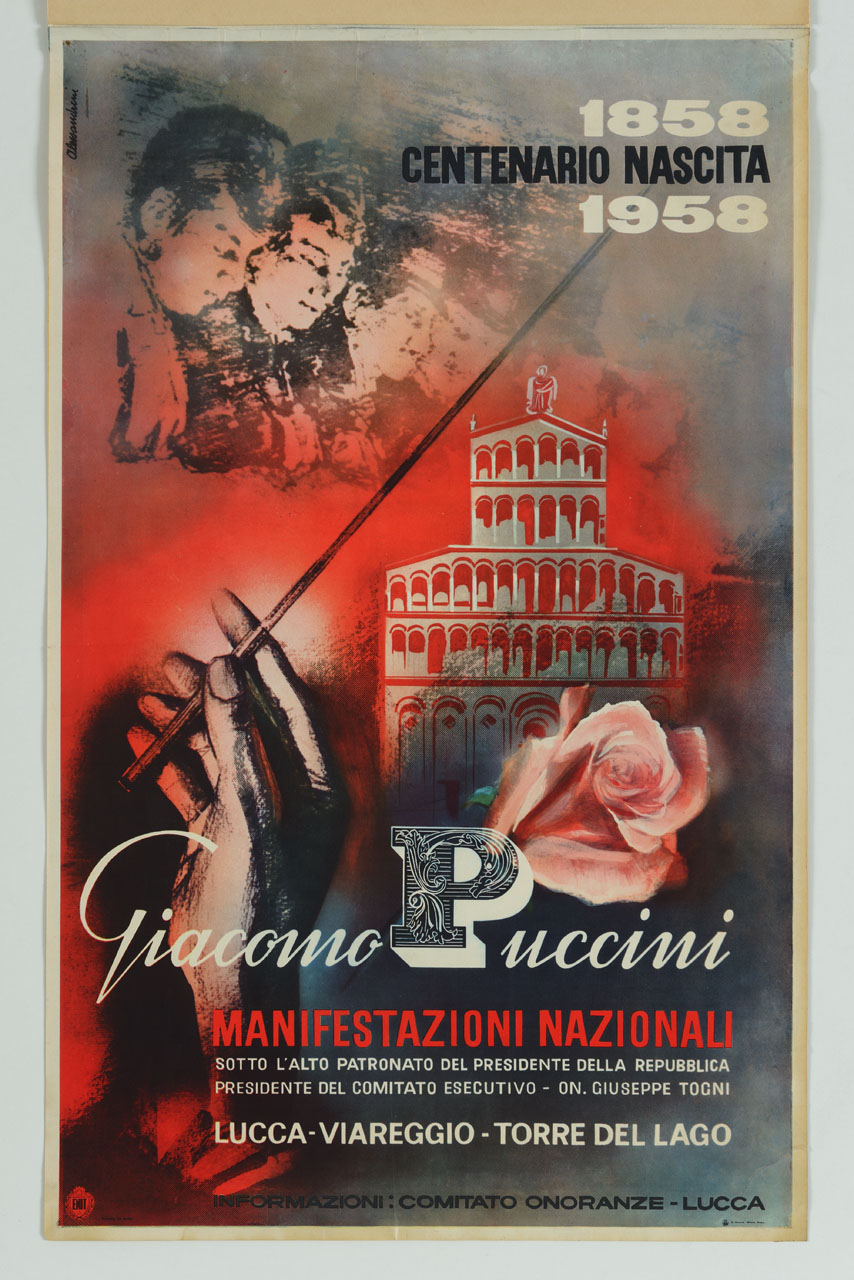 mano con bacchetta di un direttore d'orchestra (manifesto) di Alessandrini Gino (sec. XX)