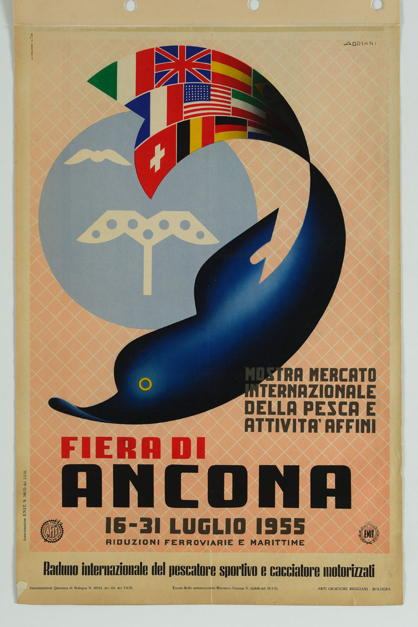 delfino con la coda formata da bandiere mondiali (manifesto) di Adriani Emidio (sec. XX)