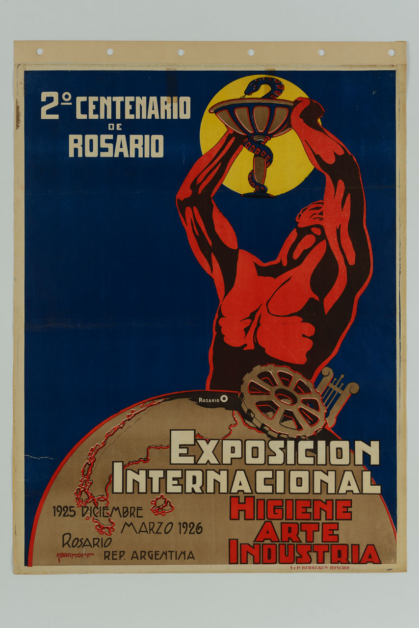 globo terrestre e uomo che alza una coppa (manifesto) di Abramoff - ambito America meridionale (sec. XX)