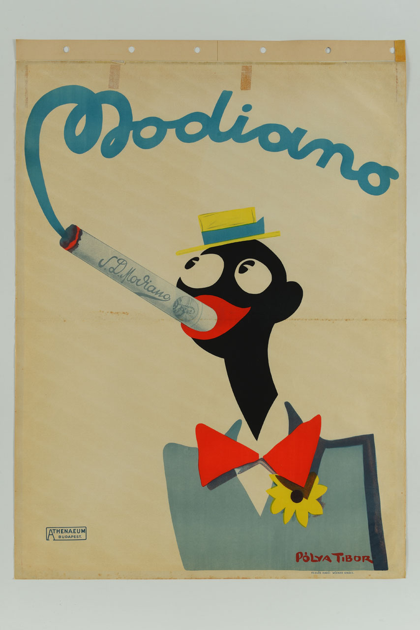 uomo di colore con cappello e papillon fuma una sigaretta (manifesto) di Pólya Tibor (sec. XX)