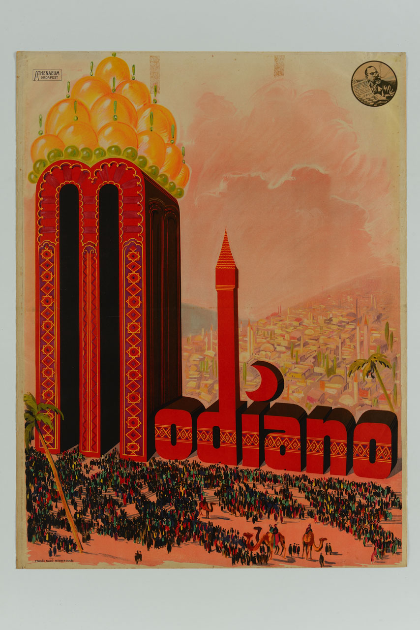 scritta pubblicitaria figurata sullo sfondo di un paesaggio islamico (manifesto) di Biro Mihály (sec. XX)