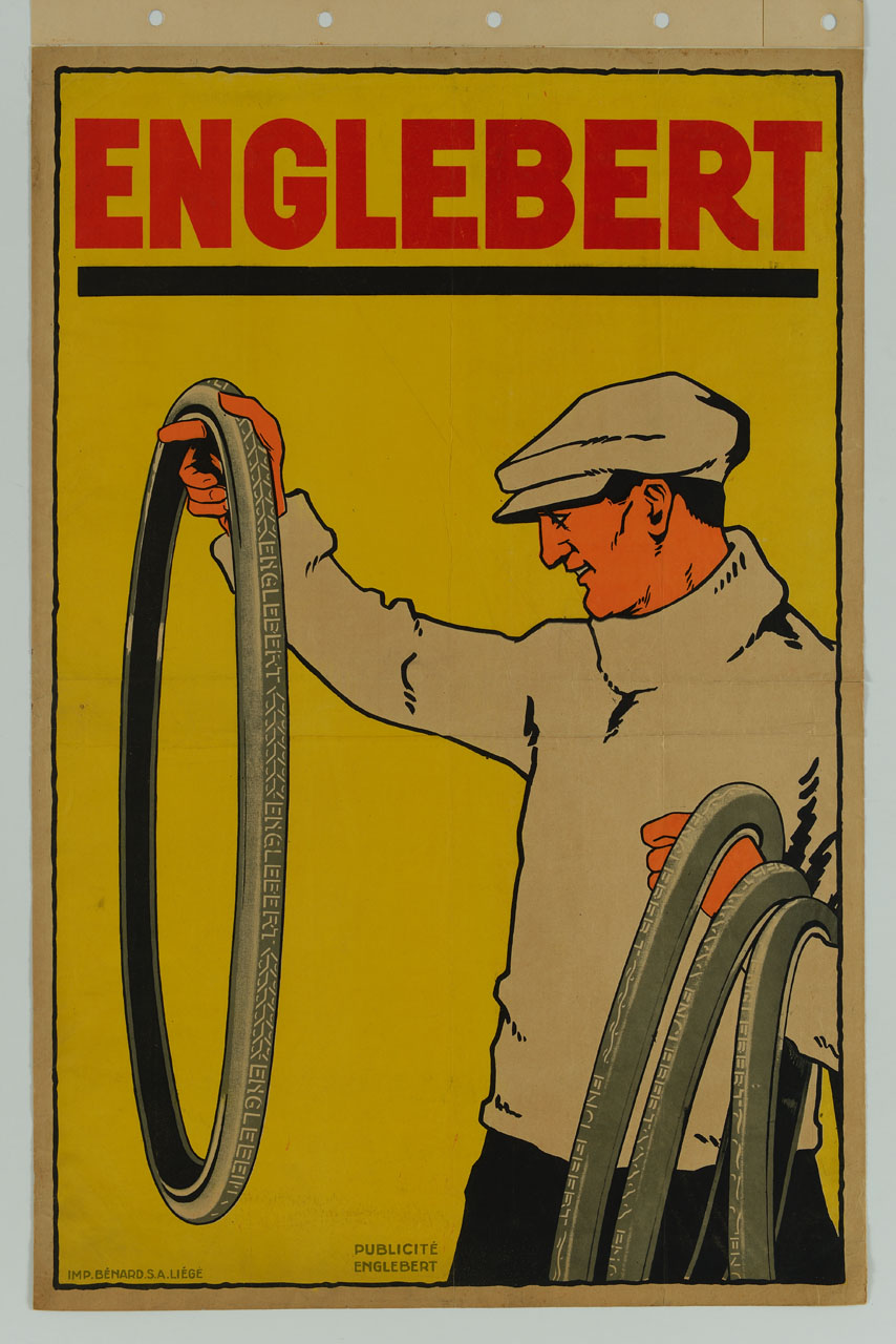 uomo con copertoni di bicicletta ne osserva uno (manifesto) - ambito belga (sec. XX)