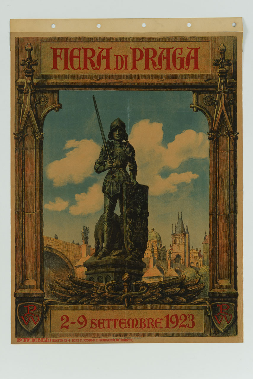 caduceo e scultura di San Giorgio sullo sfondo della città di Praga entro cornice architettonica (manifesto) di Stapfer Karel - ambito cecoslovacco (sec. XX)