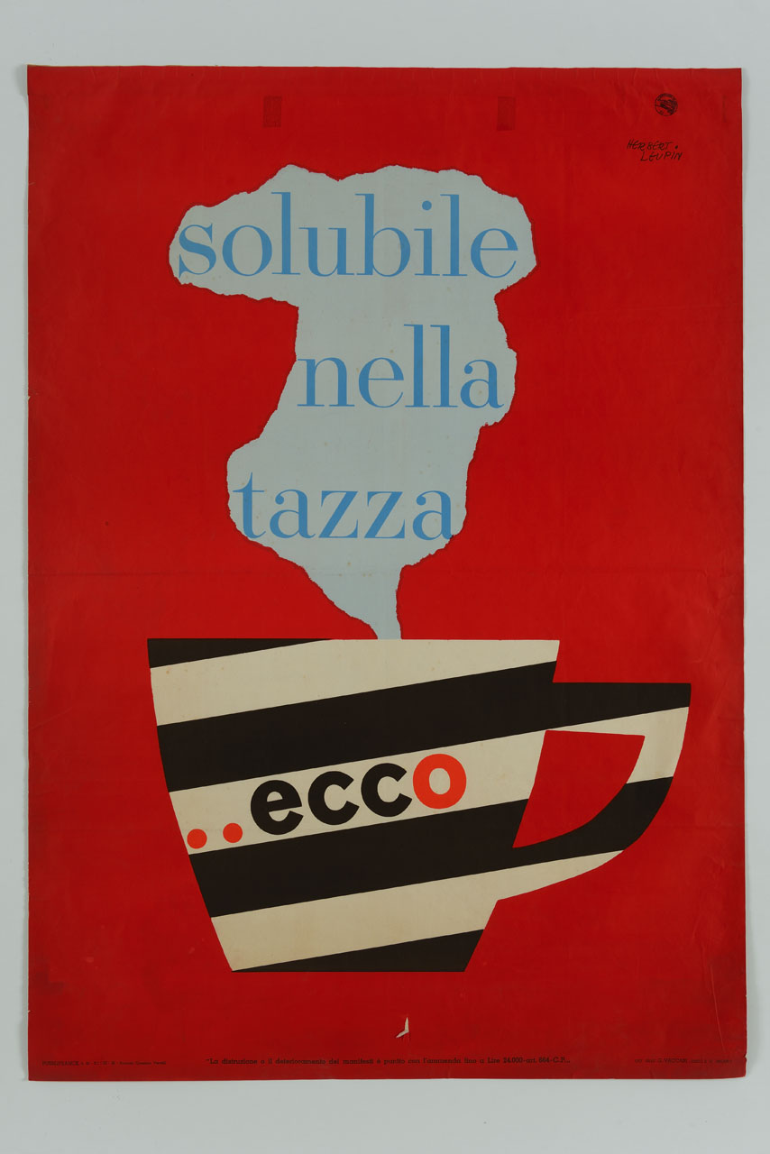 tazza nei colori del marchio Ecco emana una nuvola di vapore (manifesto) di Leupin Herbert (sec. XX)