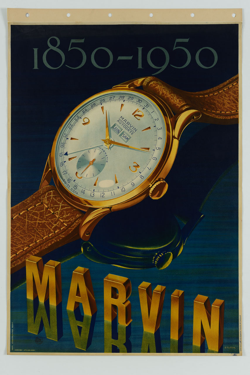 orologio automatico su piano specchiato (manifesto) di Stuber, Atelier Briel - ambito svizzero (sec. XX)