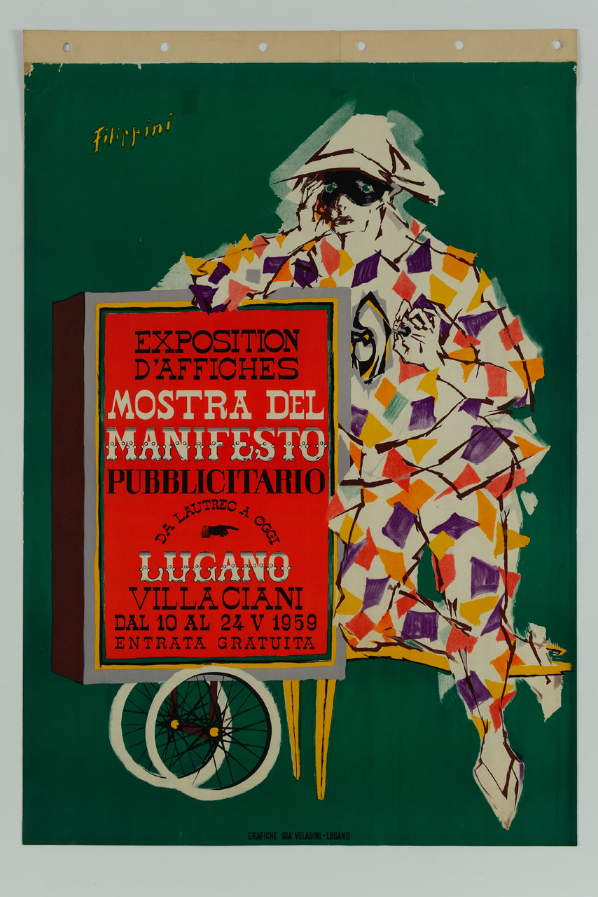 Arlecchino appoggiato ad un carretto pubblicitario (manifesto) di Filippini Felice (sec. XX)