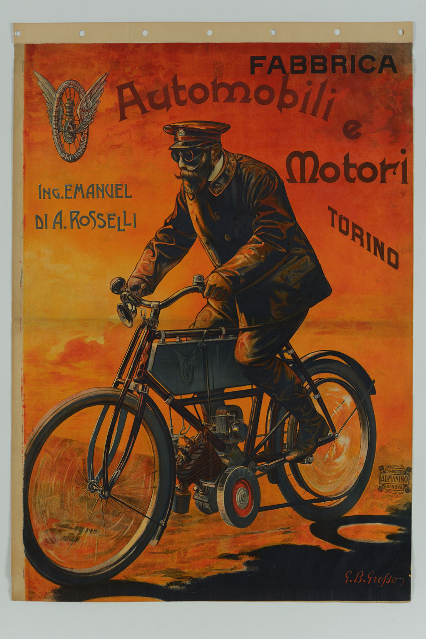uomo in sella ad una motocicletta (manifesto) di Grosso G. B - ambito italiano (sec. XX)