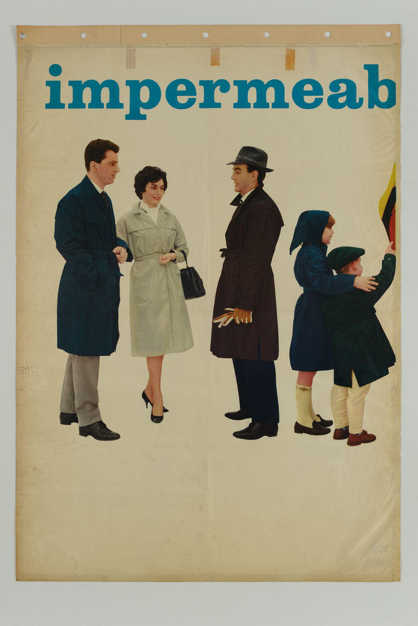 figure vestite con impermeabile e bambino che indica (manifesto, stampa composita) - ambito italiano (sec. XX)