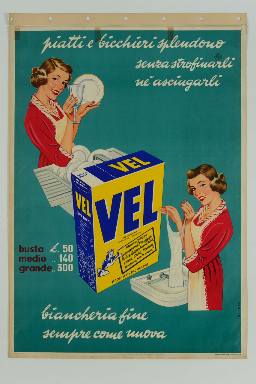 confezione di detersivo e casalinga che mostra stoviglie e biancheria pulita (manifesto) di Interad - ambito italiano (sec. XX)