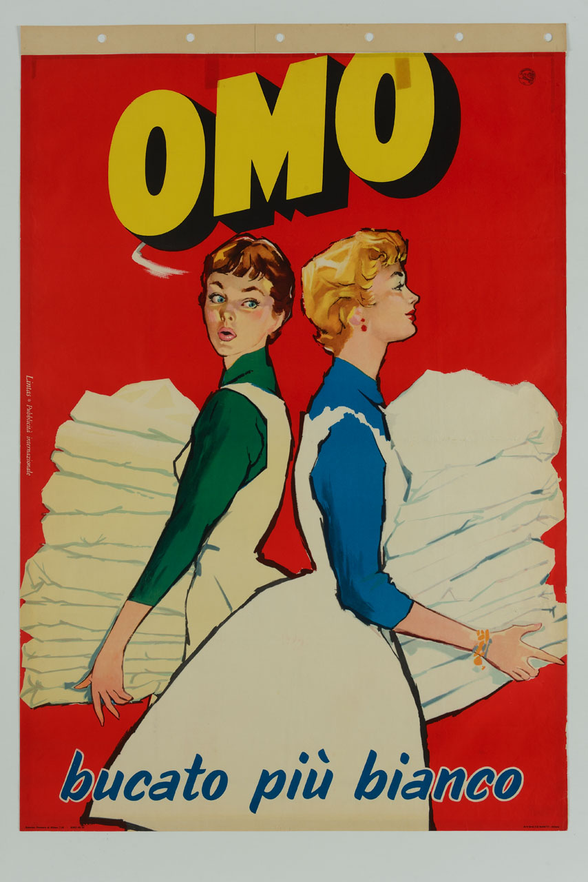 figura femminile con pila di panni ingialliti si volta ammirata a guardare quelli candidi della vicina (manifesto) di Lintas (sec. XX)