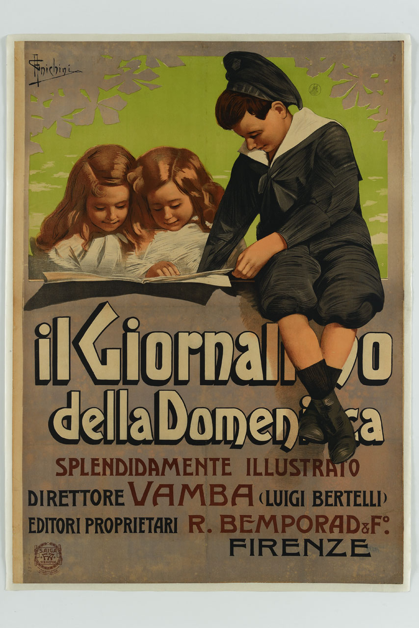 due bambine e un bambino leggono un giornale (manifesto) di Anichini Giuseppe (sec. XX)