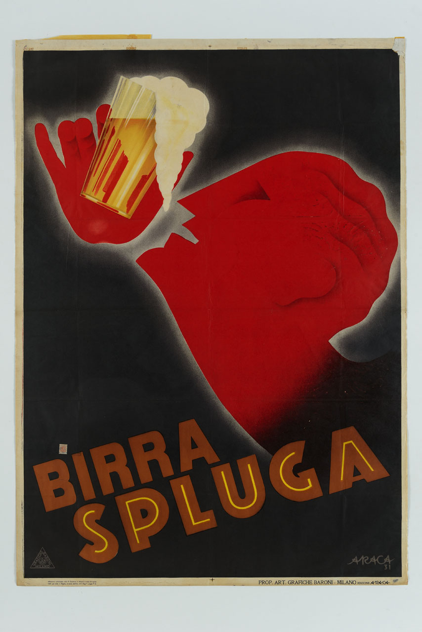 volto maschile teso verso un bicchiere di birra alzato (manifesto) di Forlivesi Montanari Enzo detto Araca (sec. XX)