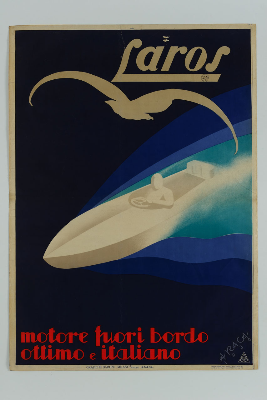 motoscafo in corsa e gabbiano in volo (manifesto) di Forlivesi Montanari Enzo detto Araca (sec. XX)