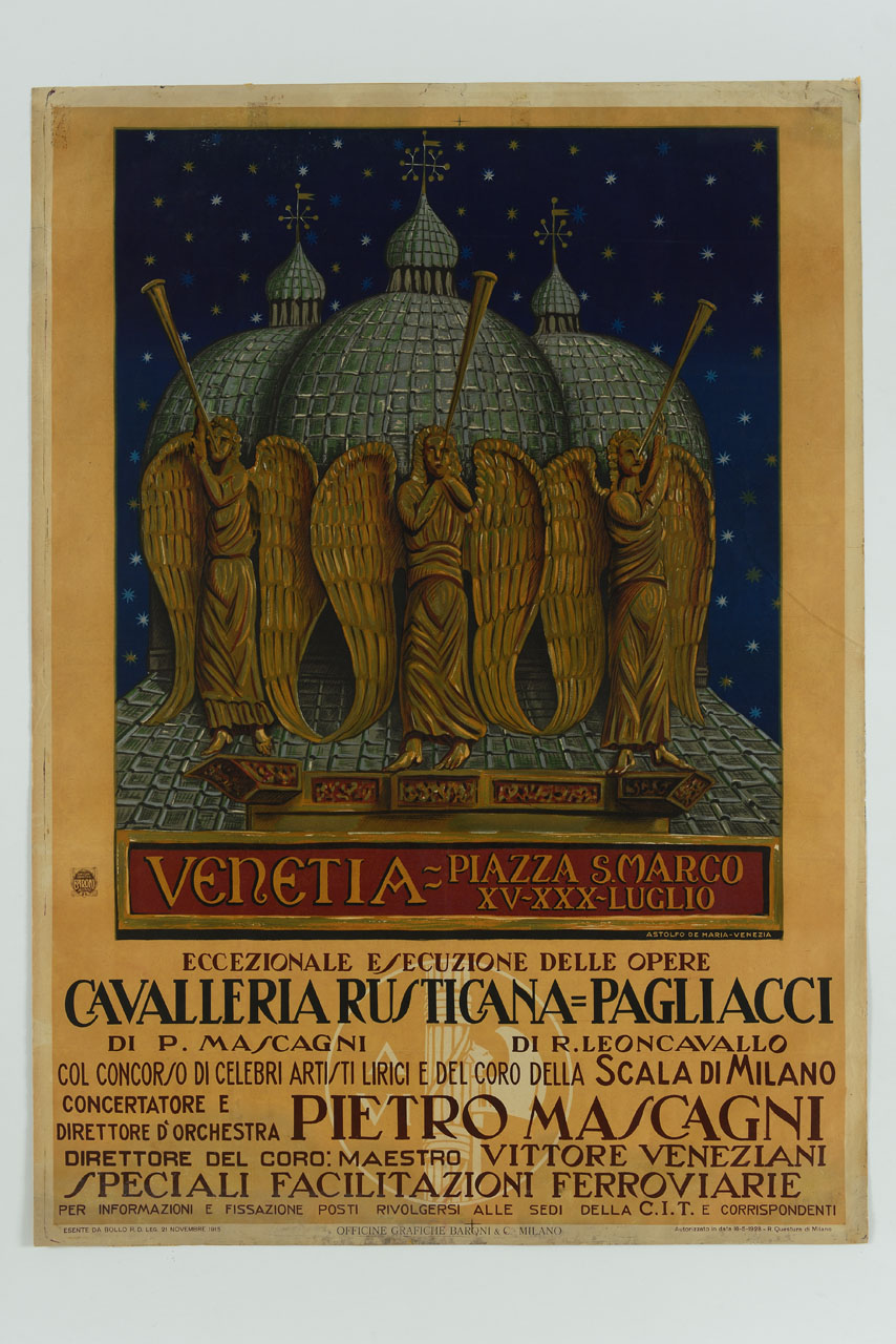 angeli musicanti con trombe dinanzi alle cupole della Basilica di San Marco (manifesto) di De Maria Astolfo (sec. XX)