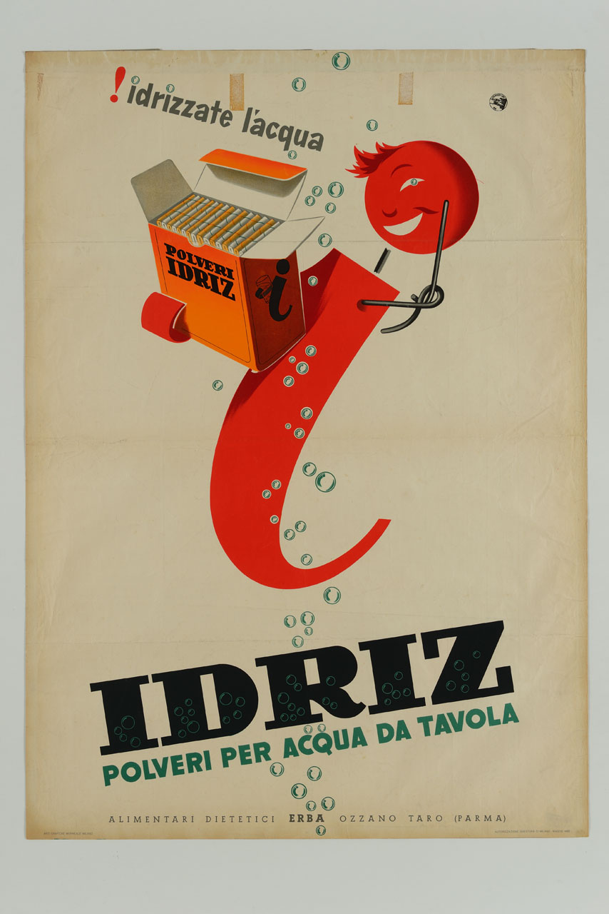 lettera i mostra una confezione di polveri per acqua da tavola (manifesto) - ambito italiano (sec. XX)