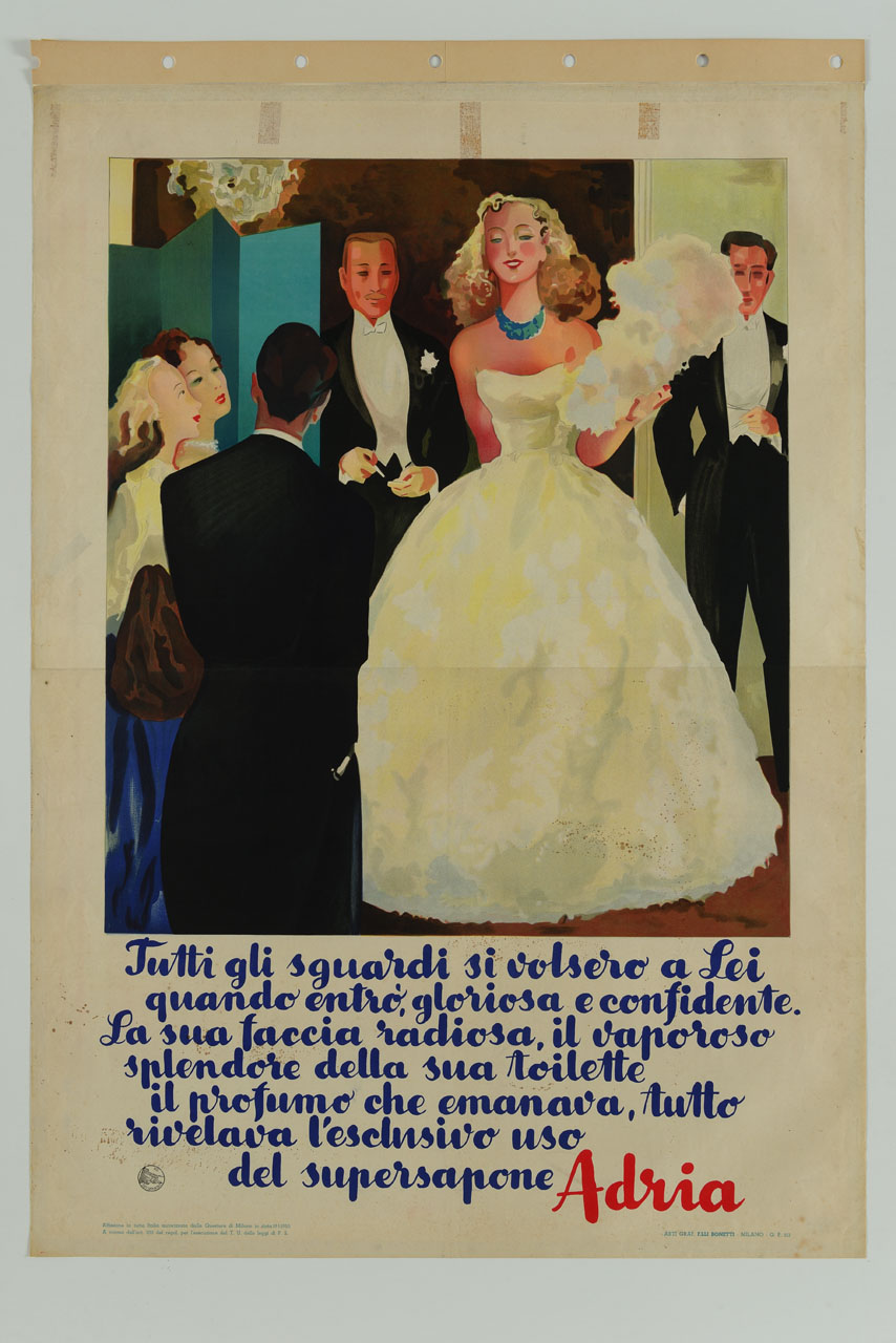 giovane donna in abito da sera al centro dell'attenzione degli altri ospiti (manifesto) - ambito italiano (sec. XX)