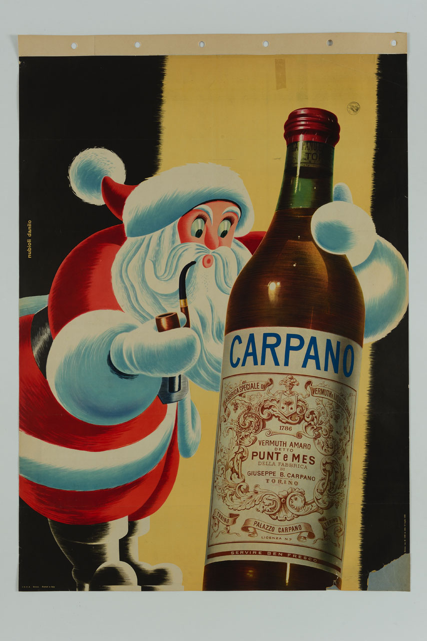 Babbo Natale osserva sorpreso una bottiglia di vermouth Carpano (manifesto) di Nubioli Danilo (sec. XX)