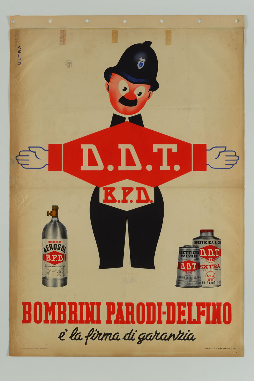 vigile urbano in posizione di alt indossa il marchio di insetticidi e confezioni di prodotto (manifesto) di Ultra (sec. XX)