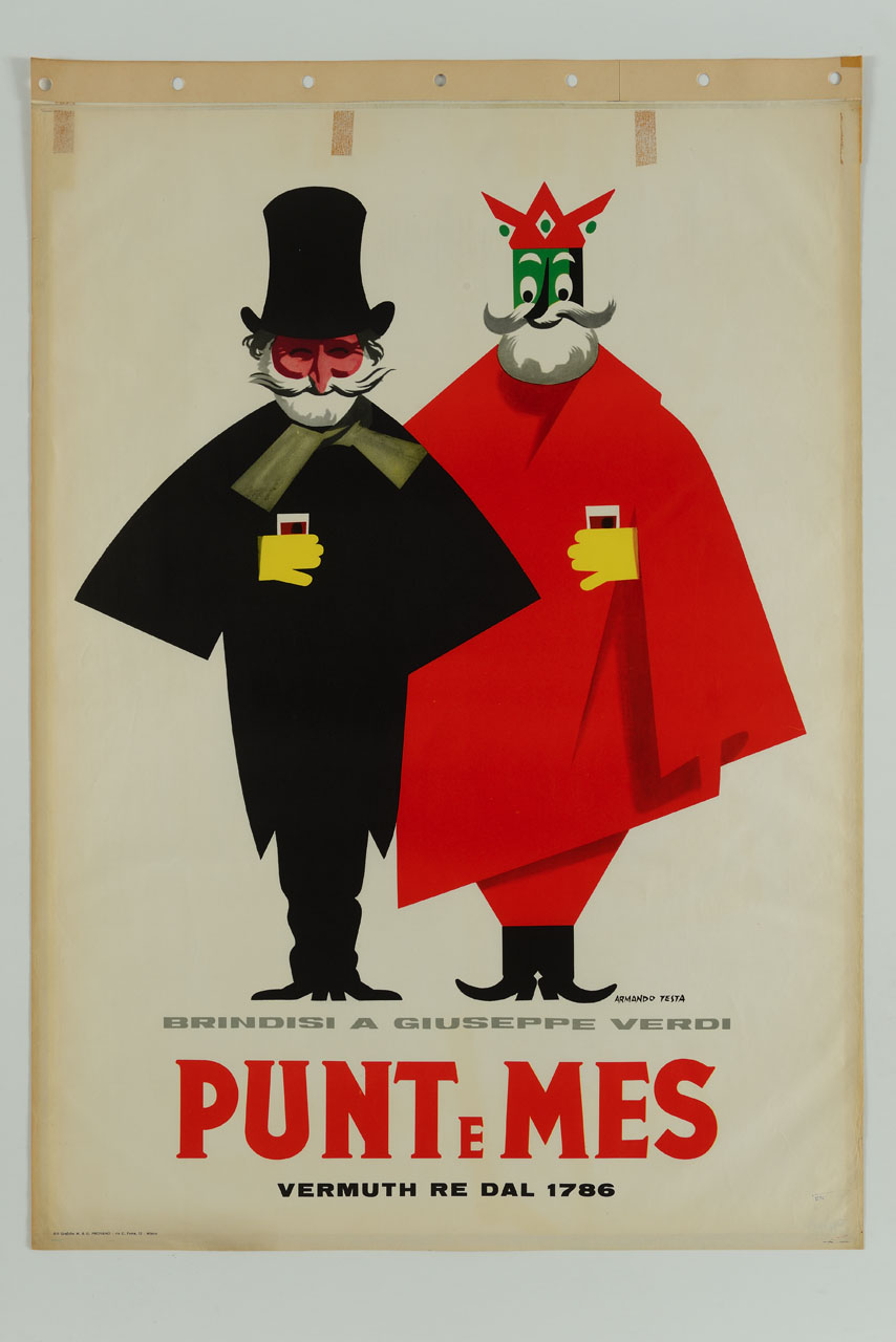 Giuseppe Verdi e Re Carpano sorridenti con un bicchiere di vermouth in mano (manifesto) di Testa Armando (sec. XX)