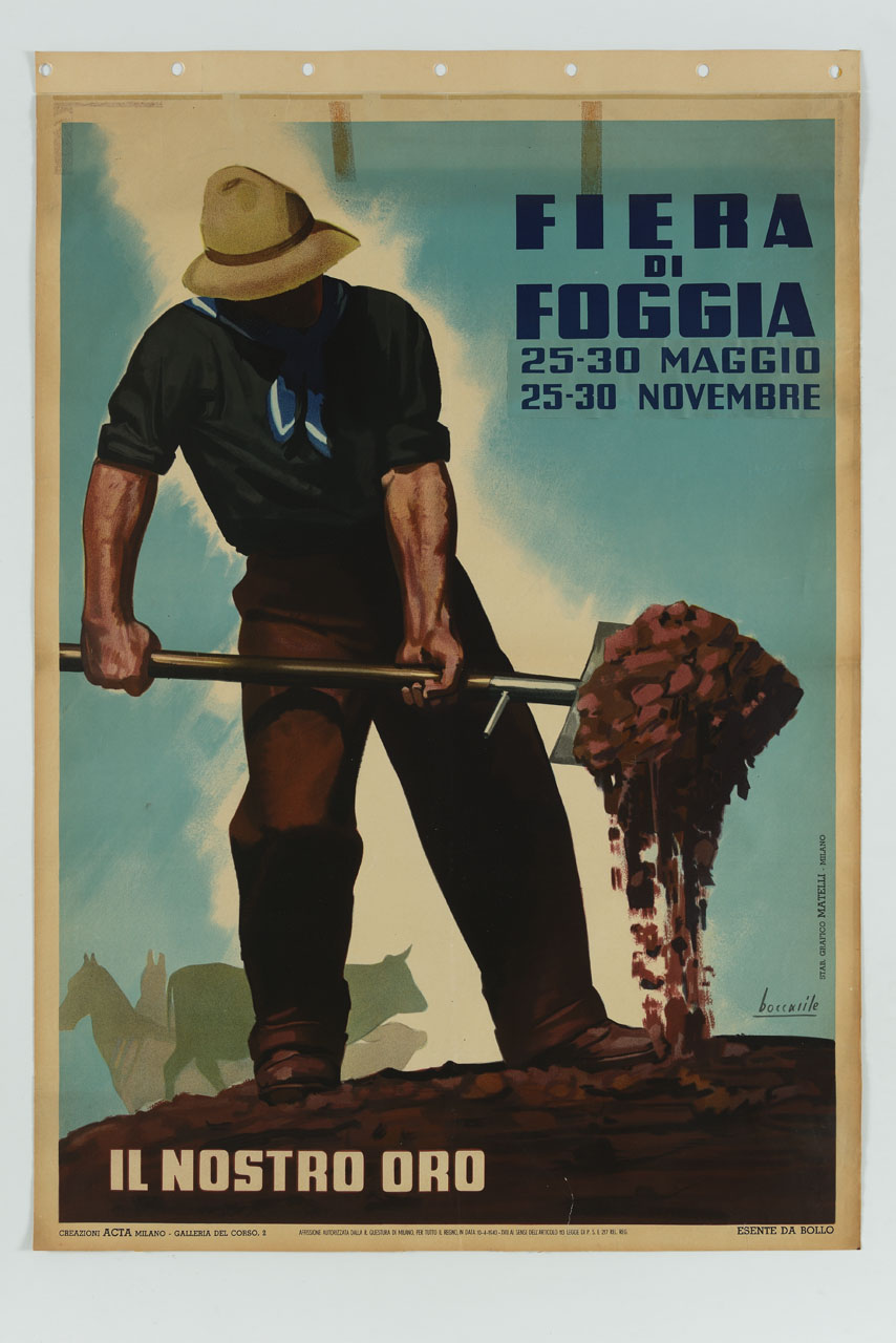 contadino dissoda il terreno con una vanga e animali sullo sfondo (manifesto) di Boccasile Gino, ACTA (sec. XX)