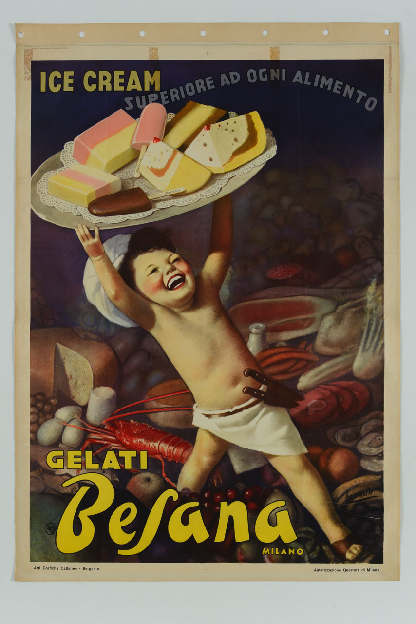 bambino sorridente vestito da cuoco solleva un vassoio di gelati sopra una distesa di cibo (manifesto) di Boccasile Gino (sec. XX)