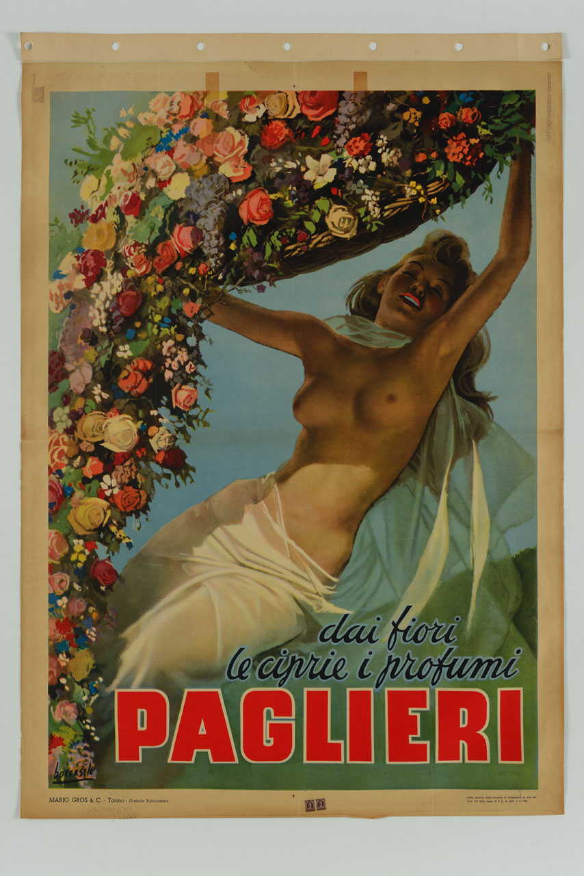 La donna coi fiori, giovane donna rovescia un cesto di fiori verso lo spettatore (manifesto) di Boccasile Gino (sec. XX)