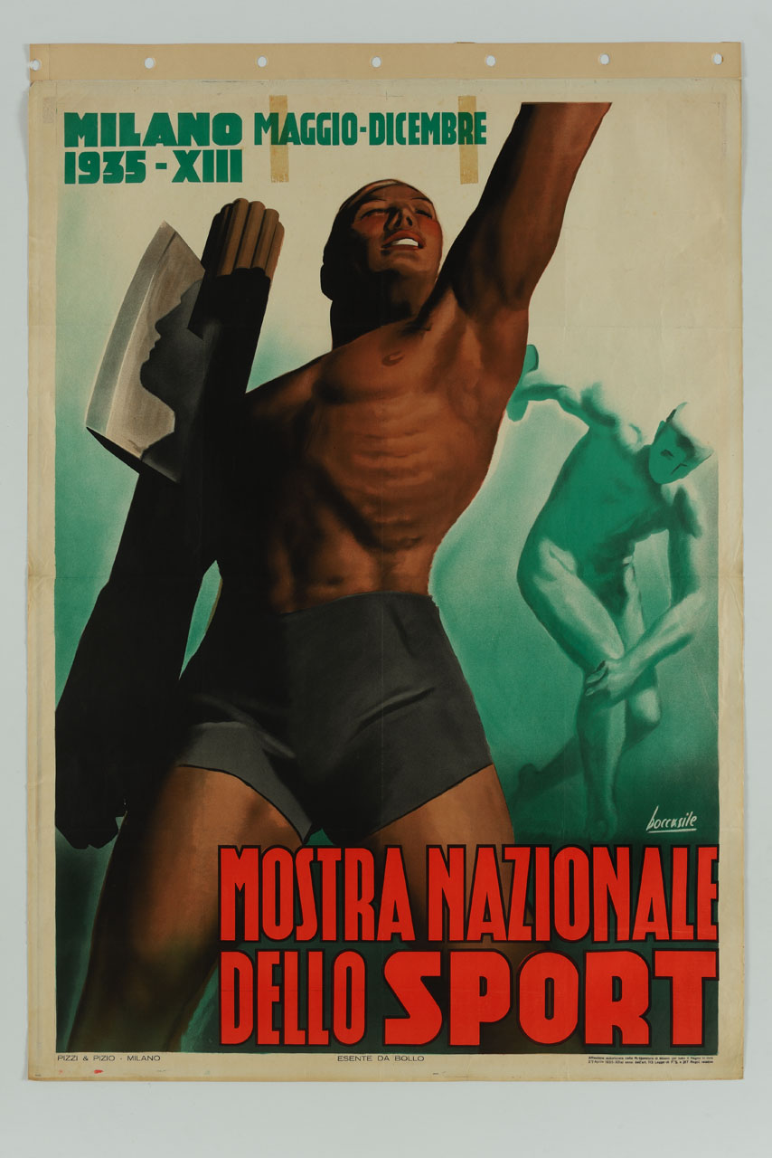 atleta nel gesto del saluto romano proietta sul fascio littorio l'ombra del volto di Benito Mussolini e scultura del discobolo sullo sfondo (manifesto) di Boccasile Gino (sec. XX)
