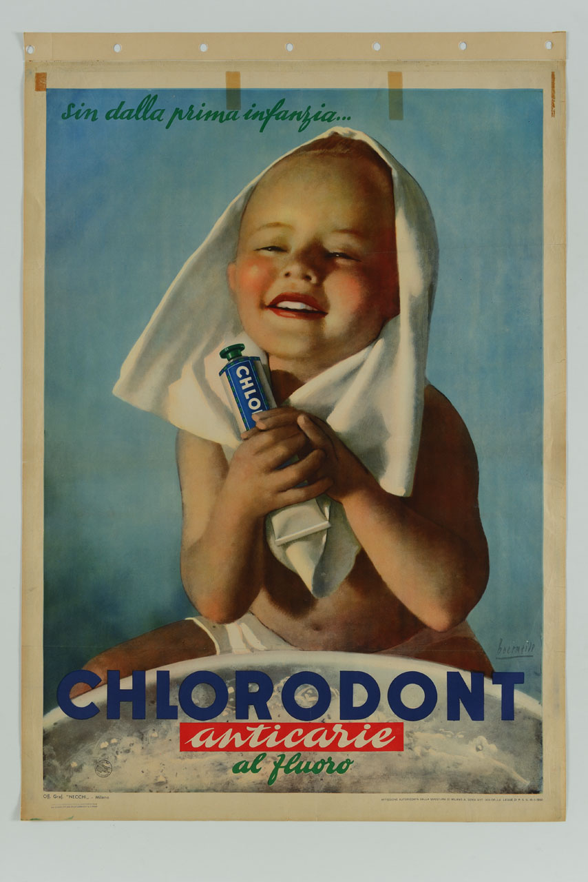 bambino sorridente con asciugamano sul capo e tubo di dentrificio tra le mani (manifesto) di Boccasile Gino (sec. XX)