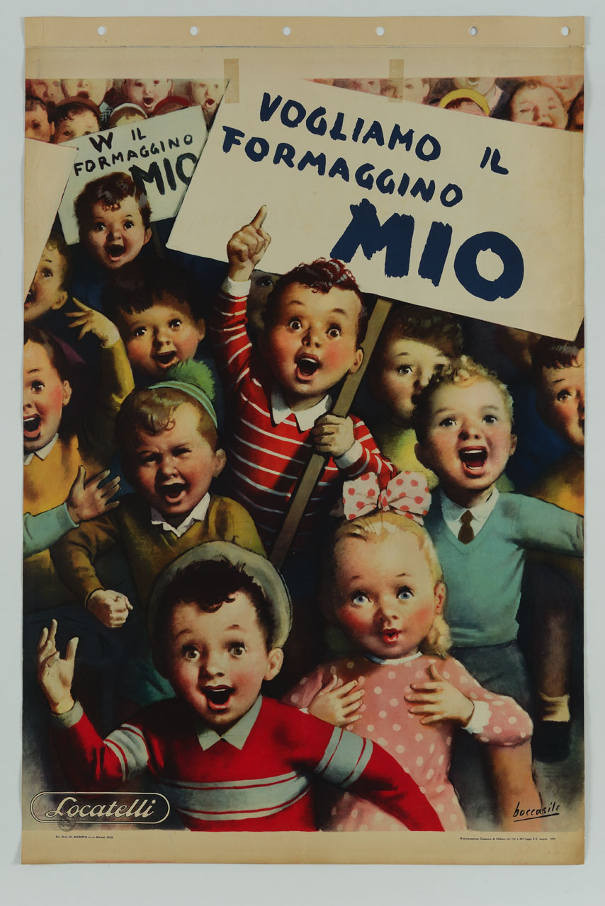 bambini in corteo chiedono il formaggino Mio (manifesto) di Boccasile Gino (sec. XX)