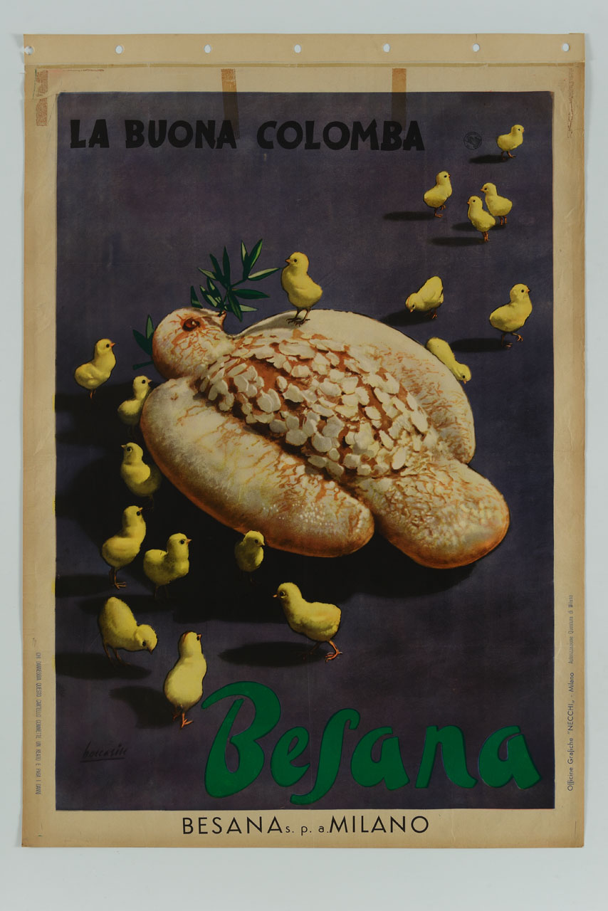 colomba pasquale con ramoscello di ulivo circondata da pulcini (manifesto) di Boccasile Gino (sec. XX)