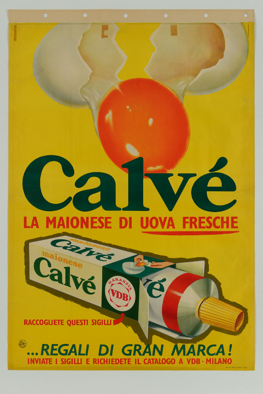 uovo aperto da cui cade il tuorlo e confezione di maionese (manifesto) - ambito italiano (sec. XX)