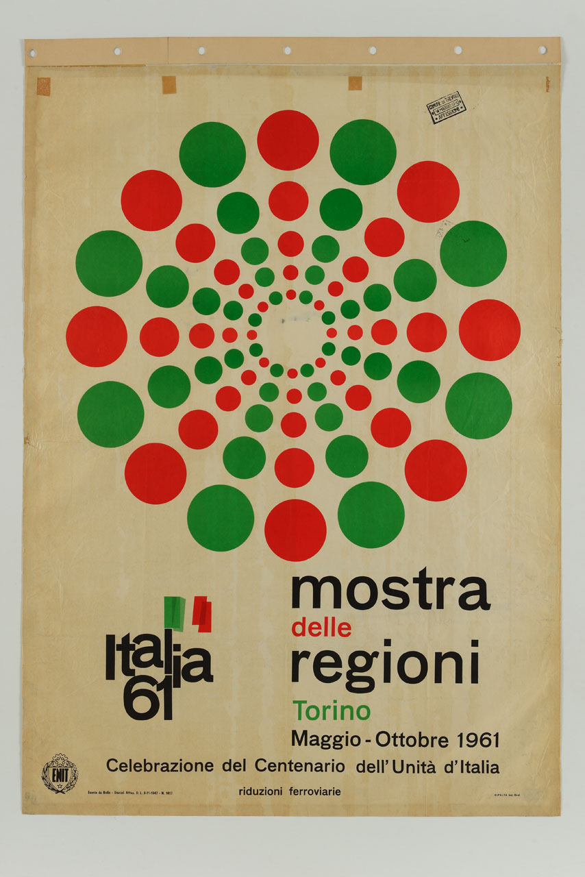 tondi colorati verdi e rossi su fondo bianco in disposizione concentrica (manifesto) - ambito italiano (sec. XX)