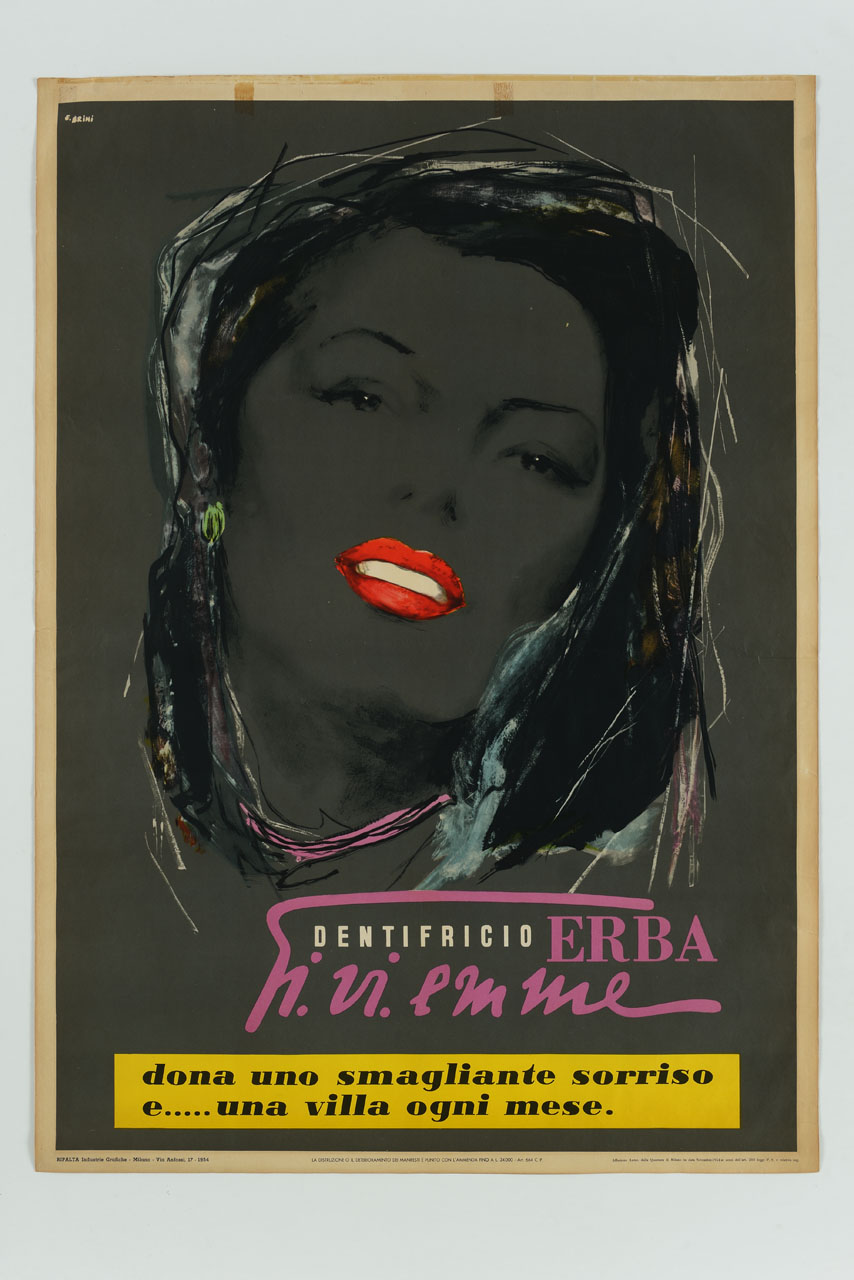volto di donna dal sorriso smagliante (manifesto) di Brini Ercole (sec. XX)