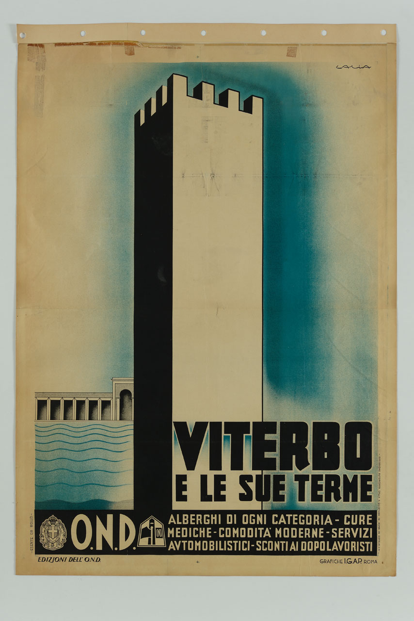 torre merlata sullo sfondo della piscina e del loggiato delle terme di Viterbo (manifesto) di Lalia Alfredo (sec. XX)